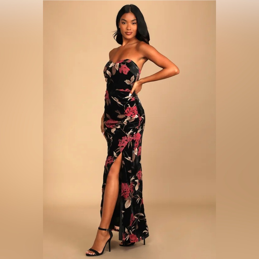 Lulu’s Exquisite Black Floral Burnout Velvet Strapless Maxi Dress